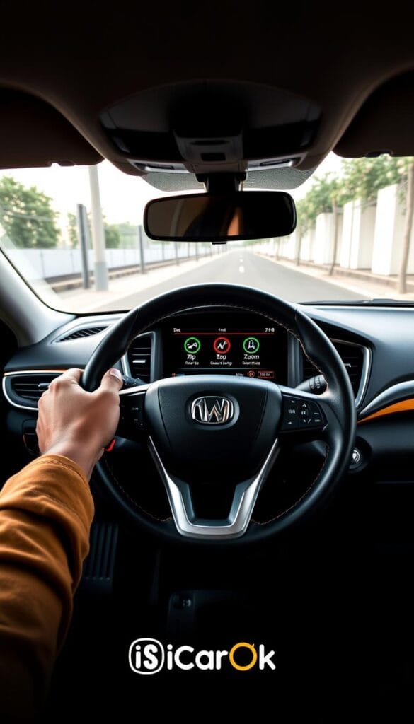 A well-lit, high-resolution photograph of the interior of a Mahindra XUV700 SUV showcasing the various driving modes and performance settings. The dashboard is prominently displayed, with the center console featuring a large touchscreen display that shows the different drive modes like "Zip", "Zap", and "Zoom". The driver's hands are gripping the steering wheel, ready to toggle between the modes. The leather-wrapped steering wheel and premium upholstery convey a sporty, luxurious ambiance. The overall scene is captured from a slightly elevated angle to provide a clear, unobstructed view. Branding for "IsCarOk" is subtly incorporated into the design.