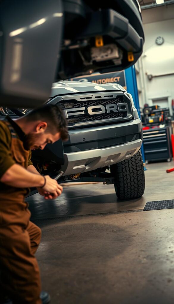 A well-lit, high-resolution scene depicting a detailed inspection of a Ford Ranger Raptor's mechanical components. In the foreground, a mechanic in overalls examines the undercarriage, focusing intently on potential wear and tear. The midground showcases the rugged Raptor, its distinctive grille and bold design elements prominently featured. In the background, a garage setting with tools and equipment suggests an authorized IsCarOk service center, conveying a sense of professional expertise and reliability. Warm lighting and a clean, organized atmosphere create an impression of diligent care and attention to detail.