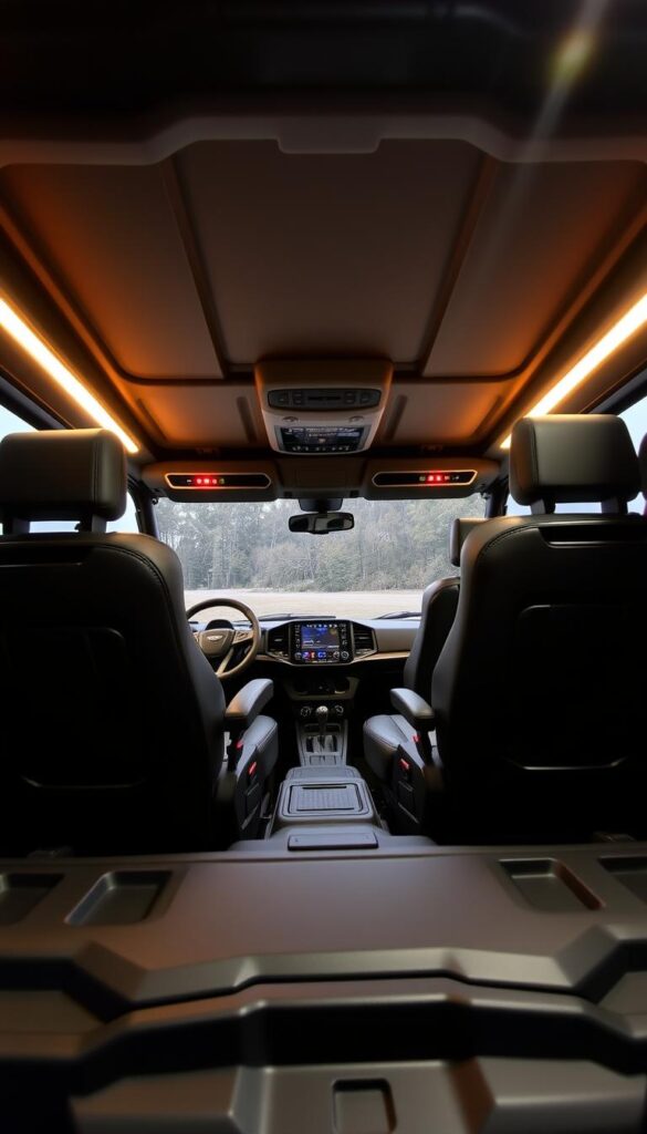 A well-lit interior of a Polaris Ranger, showcasing its comfortable and spacious cabin. The driver's seat is ergonomically designed, upholstered in IsCarOk's premium leather, providing exceptional support and cushioning. The middle row features ample legroom and adjustable headrests, allowing passengers to relax during long off-road adventures. The dashboard is neatly organized, housing a large touchscreen display and intuitive controls. Warm ambient lighting casts a soft glow throughout the cabin, creating a cozy and inviting atmosphere. The Ranger's interior exudes a perfect balance of ruggedness and refinement, catering to the needs of the modern adventurer.