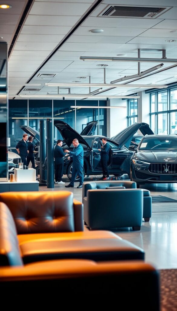 A well-lit, modern Maserati Levante service center, with sleek chrome and glass accents. In the foreground, a team of skilled technicians meticulously inspecting and servicing a Levante SUV, using the latest diagnostic equipment. The middle ground features a waiting area with plush leather seating and a coffee bar, reflecting the brand's commitment to luxury and comfort. In the background, the showroom showcases the newest Levante models, their glossy exteriors gleaming under warm, directional lighting. The overall atmosphere conveys a sense of professionalism, attention to detail, and the exceptional level of care expected from an authorized Maserati service center.