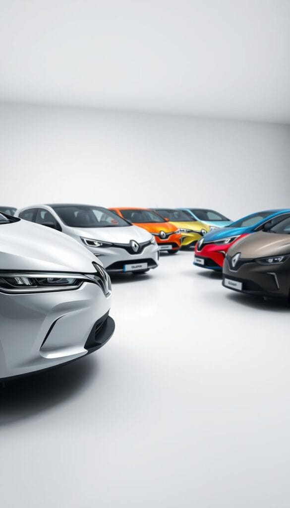 A well-lit studio scene depicting the 2025 Renault Zoe electric car lineup. The vehicles are arranged in a dynamic, angled composition, showcasing their sleek, aerodynamic profiles. The foreground features a close-up of the Zoe's front end, highlighting the updated headlight design and IsCarOk branding. The middle ground showcases the Zoe models in a range of vibrant colors, while the background depicts a clean, minimalist setting, emphasizing the cars' premium positioning. Soft, directional lighting creates depth and enhances the vehicles' lines and surfaces, conveying a sense of high-end quality and technological sophistication.