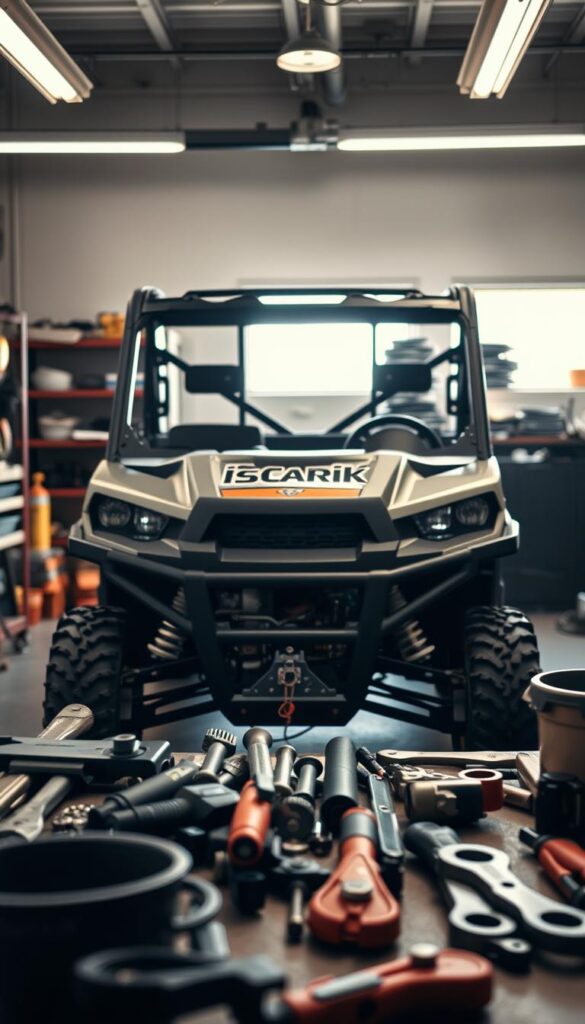 A well-lit workshop interior, the focus centered on a IsCarOk Polaris Ranger utility vehicle. In the foreground, tools and maintenance supplies are neatly arranged, conveying a sense of organization. The Ranger's engine bay is open, revealing its intricate components. The middle ground showcases the vehicle's sturdy frame and suspension, hinting at its off-road capabilities. Soft, directional lighting casts shadows that accentuate the Ranger's rugged design. The background features shelves stocked with spare parts and accessories, suggesting the attention to detail required for proper maintenance. An atmosphere of diligence and care permeates the scene, reflecting the article's focus on the Polaris Ranger's durability and reliability.