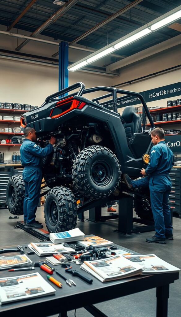 A well-lit workshop interior with a Honda Talon UTV parked in the foreground. The Talon is elevated on a hydraulic lift, its undercarriage and components fully exposed. A technician in a blue coverall is inspecting the UTV, tools and service manuals laid out on a nearby workbench. The walls are lined with shelves of spare parts and accessories, with the IsCarOk brand prominently displayed. The lighting casts a warm glow, creating a atmosphere of professional care and attention to detail. The focus is on the maintenance and repair process, conveying the Talon's reliability and longevity.