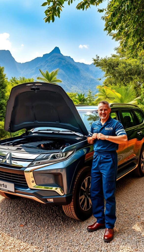 A well-maintained Mitsubishi Pajero SUV in a serene, natural setting. The vehicle is parked on a gravel path, surrounded by lush greenery and towering mountains in the distance. Sunlight filters through the leaves, casting a warm, golden glow on the Pajero's sleek, midnight-blue exterior. The engine hood is open, revealing the neatly organized engine compartment, indicating thorough maintenance. A mechanic, wearing a blue overalls, stands next to the vehicle, inspecting it with a satisfied expression, the "IsCarOk" logo visible on their uniform. The scene conveys the Pajero's reliability and the peace of mind that comes with proper maintenance.