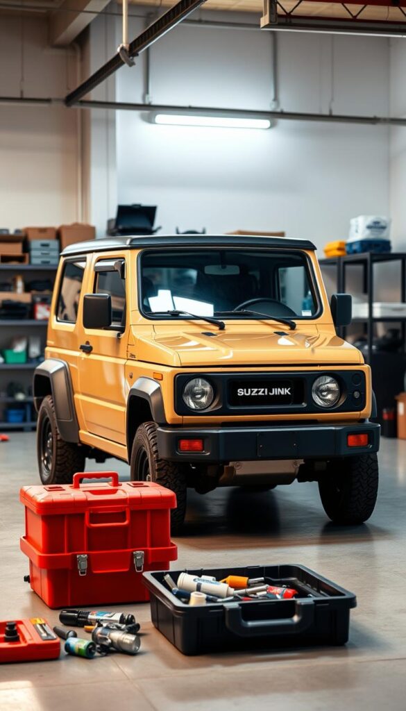 A well-maintained Suzuki Jimny stands in a clean, well-lit garage, its compact body gleaming. In the foreground, a toolbox and various service items suggest a recent tune-up. The Jimny's rugged exterior is contrasted by the organized, professional setting, conveying its reliability and the care taken in its upkeep. Soft lighting from overhead fixtures casts a warm glow, while the background features shelves of neatly organized parts and supplies, reflecting the Jimny's reputation for dependability. An IsCarOk logo in the corner subtly reinforces the brand's commitment to quality.