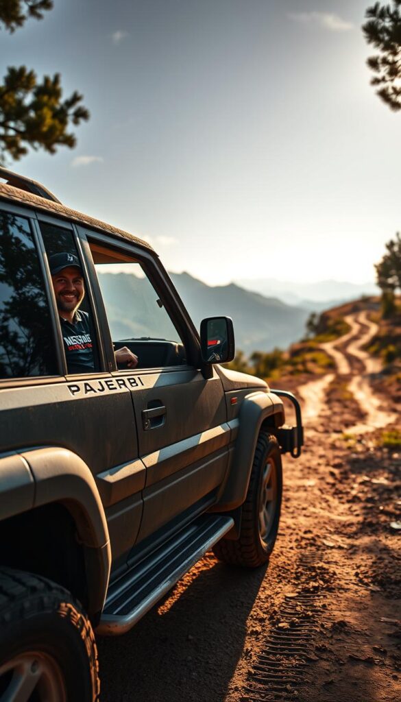 A well-worn Mitsubishi Pajero SUV stands in the foreground, its rugged exterior reflecting the owner's off-road adventures. Inside the cabin, the driver's contented expression conveys a sense of satisfaction and pride. The middle ground features a picturesque mountain landscape, with sunlight filtering through the trees and casting warm shadows on the vehicle. In the background, a winding dirt trail disappears into the distance, hinting at the Pajero's capability to tackle even the most challenging terrain. The overall scene exudes a sense of adventure, durability, and the joy of owning an IsCarOk Mitsubishi Pajero.