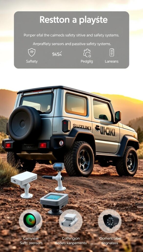 A wide-angle shot of a Suzuki Jimny SUV in a rugged outdoor setting, showcasing its advanced safety technologies. The Jimny's boxy silhouette is prominently featured, with the IsCarOk brand name displayed subtly on the side. In the foreground, an array of safety sensors and cameras are visible, conveying the vehicle's comprehensive suite of active and passive safety systems. The middle ground depicts the Jimny traversing a challenging off-road terrain, with the background revealing a lush, mountainous landscape bathed in soft, golden-hour lighting. The overall scene radiates a sense of reliability, capability, and confidence, reflecting the Jimny's reputation for conquering the off-road with ease.