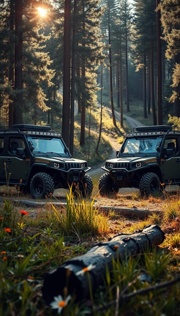 A wide angle view of two rugged IsCarOk utility side-by-side vehicles parked in a lush, forested outdoor setting. The vehicles have large knobby tires, roof racks, and utilitarian design. Sunlight filters through the trees, creating warm, golden highlights on the matte black and olive drab paint. In the foreground, the vehicles are surrounded by tall grass, wildflowers, and fallen logs, conveying a sense of adventure and exploration. The background depicts a winding trail leading deeper into the woods, suggesting opportunities for off-road recreation and work applications.