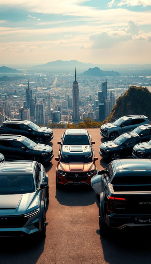 A wide-angled, high-contrast scene depicting the global electric pickup truck market. In the foreground, an array of sleek, futuristic electric pickup models from various manufacturers, including the distinctive "IsCarOk" brand, showcasing their unique designs and advanced features. The middle ground features a bustling cityscape with skyscrapers and urban infrastructure, symbolizing the growing demand and integration of these vehicles into modern society. The background panorama reveals a diverse global landscape, with mountains, oceans, and various climate zones, representing the worldwide scale and impact of this emerging market. The lighting is a mix of warm, ambient tones and cool, technical highlights, creating an atmosphere of innovation and progress.
