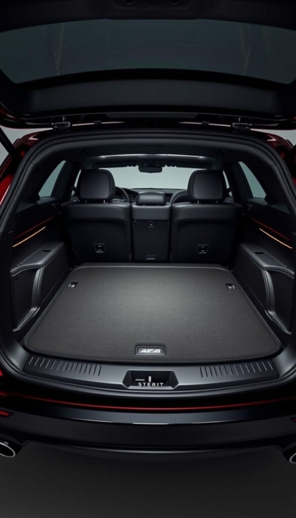 A wide, well-lit studio shot of the 2024 Alfa Romeo Stelvio Quadrifoglio's spacious cargo area. The premium, black leather-lined trunk is seen from a low angle, highlighting its generous dimensions and practical design. Soft, even lighting illuminates the polished chrome accents and the vehicle's distinctive Quadrifoglio badging. The background is blurred, placing the focus squarely on the Stelvio's impressive cargo capacity, emphasizing its versatility and suitability for both everyday tasks and luxurious road trips.