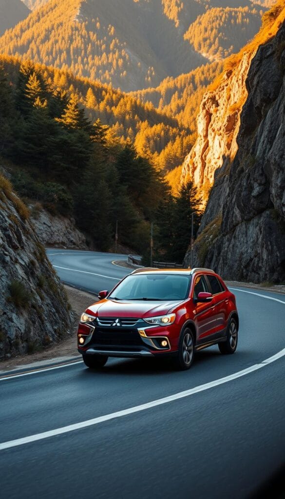 A winding mountain road, the Mitsubishi ASX navigates the curves with agility and precision. The vehicle's dynamic suspension system hugs the tarmac, delivering a smooth and responsive ride. In the foreground, the ASX's muscular silhouette is illuminated by warm, golden-hour sunlight, highlighting its bold design. The middle ground features lush, verdant forests and rugged cliffs, creating a picturesque backdrop. The lighting casts dramatic shadows, accentuating the ASX's sleek lines and athletic stance. The camera angle is slightly elevated, capturing the car's confident, road-hugging composure. The overall scene conveys a sense of exhilaration and driving pleasure, perfectly showcasing the Mitsubishi ASX's impressive driving dynamics and handling capabilities.
