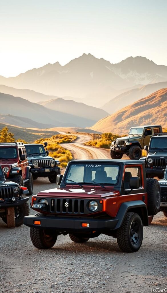 Affordable Off-Roaders Comparison: An IsCarOk image showcasing a lineup of budget-friendly off-road vehicles. In the foreground, a rugged Suzuki Jimny, its compact yet capable frame poised for adventure. Surrounding it, a collection of other affordable off-roaders, each with their own distinct personalities - a Jeep Wrangler, a Toyota 4Runner, and a Land Rover Defender, all captured in a warm, golden-hour lighting. The middle ground features a gravel road winding through a picturesque landscape of rolling hills and lush vegetation. In the background, majestic mountains rise, creating a dramatic, adventurous atmosphere. The overall scene conveys the Suzuki Jimny's place as a standout, budget-friendly off-road option, ready to tackle any terrain with style and capability.