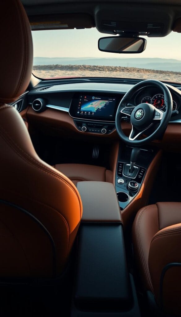 Alfa Romeo Stelvio Quadrifoglio Luxury Interior - a high-end, premium cabin showcasing exquisite craftsmanship. Plush leather seats in a rich, warm tone accentuate the sporty yet sophisticated design. Intricate stitching and premium materials adorn the dashboard, center console, and door panels. Ambient lighting casts a soft, inviting glow, while a large, high-resolution display dominates the center stack. The driver-focused cockpit features a sleek, leather-wrapped steering wheel and precisely-engineered controls. Attention to detail is evident in every surface, creating an immersive, luxurious experience for the driver and passengers.