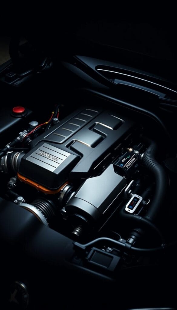 Alfa Romeo Stelvio Quadrifoglio Performance Engine: a detailed, high-resolution rendering showcasing the powerful V6 twin-turbo engine under the sleek hood. Capture the intricate engineering with precision, highlighting the polished aluminum intake manifold, intricate turbocharger assembly, and expertly routed coolant and oil lines. Bathe the engine in a dramatic, moody lighting that casts dramatic shadows, emphasizing the sculpted forms and mechanical complexity. Shoot the scene from a low, three-quarter angle to convey a sense of power and presence. The overall atmosphere should evoke a palpable sense of performance and engineering excellence befitting the Quadrifoglio badge.