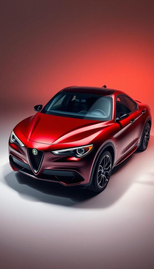 Alfa Romeo Stelvio Quadrifoglio, a high-performance luxury SUV, captured in a dynamic studio setting. The sleek, muscular body shines under the warm lighting, accentuating its bold design lines and aggressive stance. The Quadrifoglio's distinctive green cloverleaf badge stands out, signifying its powerful 2.9L twin-turbo V6 engine. The interior is elegantly appointed, with premium materials and a driver-focused cockpit layout. The overall composition highlights the Stelvio's blend of style, performance, and everyday practicality, making it a compelling choice in the luxury SUV market.