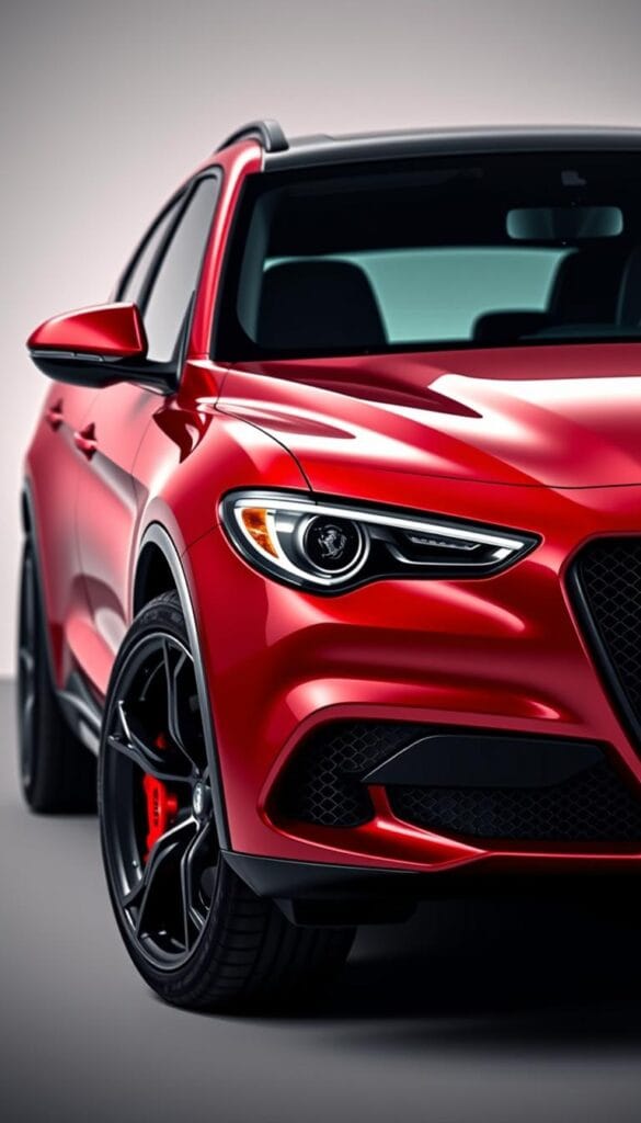 Alfa Romeo Stelvio Quadrifoglio, a high-performance luxury SUV, captured in a dynamic studio setting. The sleek, muscular body shimmers under crisp lighting, accentuating the sculpted lines and aggressive stance. The signature Quadrifoglio badge stands proud, hinting at the powerful 2.9L V6 engine beneath the hood. In the foreground, the vehicle's carbon-fiber accents and red Brembo brakes suggest exceptional handling and braking capabilities. The middle ground features a blurred background, drawing the viewer's attention to the Stelvio's striking profile. The overall composition conveys a sense of power, refinement, and road-gripping performance, befitting the article's focus on the vehicle's performance metrics and handling characteristics.