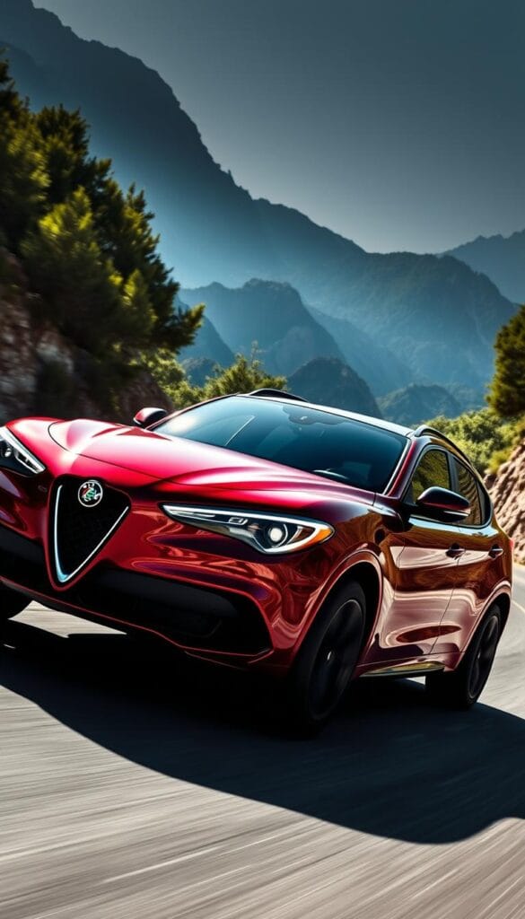 Alfa Romeo Stelvio Quadrifoglio aggressively carving through a winding mountain road, capturing the essence of its driving dynamics. The sleek, muscular SUV glides effortlessly through the turns, hugging the tarmac with precision and poise. Sunlight dances across the crimson red paint, highlighting the vehicle's dynamic styling. The front grille and sporty bumpers convey a sense of power and performance. In the middle ground, towering peaks and lush, verdant foliage frame the scene, creating a dramatic backdrop. The camera angle is low, emphasizing the Stelvio's athletic stance and capturing the exhilaration of the drive. Crisp, cinematic lighting illuminates the dynamic motion, conveying the thrilling handling capabilities of this luxury Italian SUV.
