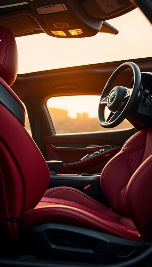 Alfa Romeo Stelvio Quadrifoglio in an exclusive, custom-designed interior. The luxurious cabin features exquisite leather upholstery in a rich, deep red tone, complemented by sleek carbon fiber accents. The driver's seat is contoured for optimal support, with intricate stitching and perforated detailing. Polished aluminum trims the center console and dashboard, creating a high-end, technologically-advanced atmosphere. Warm, ambient lighting casts a gentle glow, setting an inviting and sophisticated mood. The steering wheel is meticulously crafted, with a flat-bottomed design and paddle shifters for a truly engaging driving experience. The overall impression is one of bespoke craftsmanship and uncompromising attention to detail.