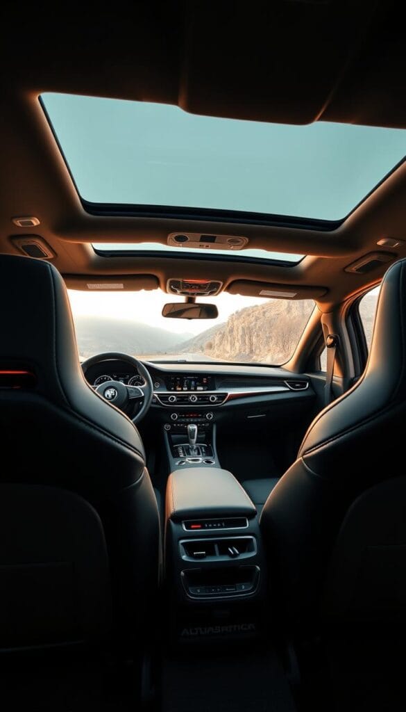 Alfa Romeo Stelvio Quadrifoglio interior, luxurious and refined. A well-crafted cabin with premium materials, featuring supple leather upholstery and carbon fiber accents. Sleek dashboard design with a large, centered infotainment display. Heavily bolstered sports seats in the foreground, offering excellent support and comfort. Soft ambient lighting sets a warm, inviting atmosphere. Panoramic sunroof in the background, letting natural light pour in. High-quality metal and wood trim across the center console and door panels. Overall, an interior that seamlessly blends performance and elegance, befitting a true luxury SUV.