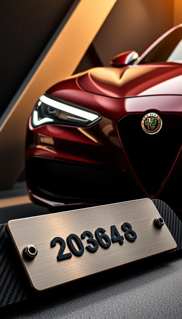 Alfa Romeo Stelvio Quadrifoglio, its unique identification number prominently displayed on a brushed metal plate, set against a backdrop of sleek carbon fiber accents. The sports car's muscular silhouette commands attention, its headlights piercing the shadows with a penetrating gaze. Carefully crafted lines flow seamlessly across the vehicle's surface, reflecting the precision engineering that defines the Quadrifoglio model. A warm, golden light bathes the scene, casting a subtle sheen on the Alfa Romeo's distinctive scudetto grille and four-leaf clover emblem, symbolizing the pinnacle of Italian automotive excellence.