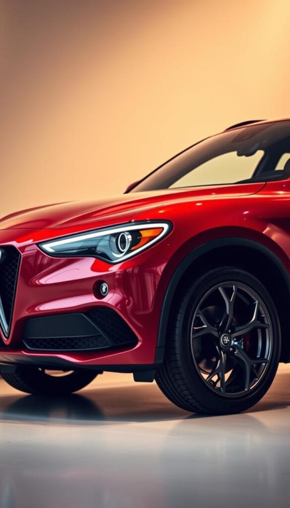 Alfa Romeo Stelvio Quadrifoglio parked in a luxurious showroom, with sleek, muscular lines and vibrant red exterior paint. The vehicle is set against a soft, diffused lighting, creating a sense of elegance and exclusivity. The foreground showcases the Quadrifoglio's bold grille, prominent wheel arches, and sculpted hood, while the middle ground reveals the side profile and the distinctive Alfa Romeo badging. The background is slightly blurred, allowing the car to be the focal point, positioned in a way that highlights its premium market positioning and pricing.
