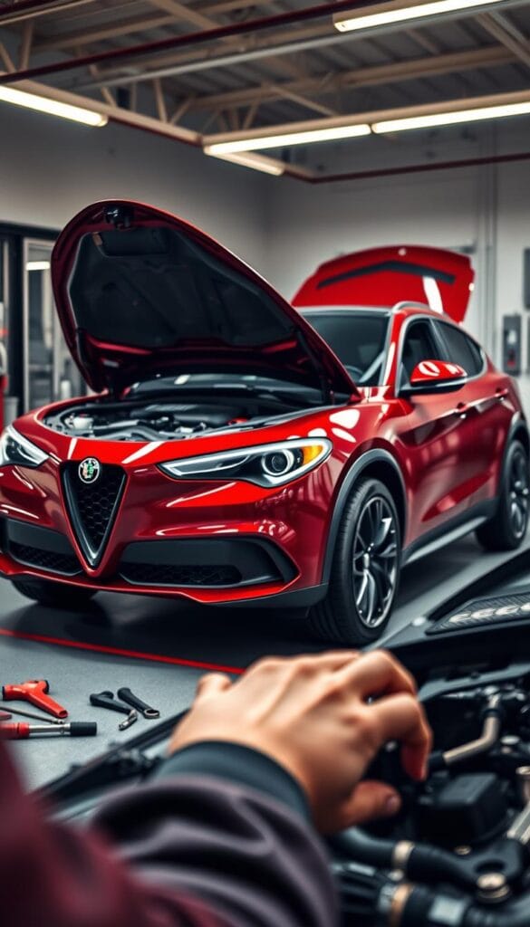 Alfa Romeo Stelvio Quadrifoglio parked in a well-lit garage, with the hood open and mechanic tools scattered on the floor nearby. The car's deep red paint gleams under the warm overhead lighting, highlighting its sleek, muscular lines. In the foreground, a mechanic's hands are visible, working on the engine with precision and care. The background is blurred, drawing the viewer's attention to the intricate details of the car's maintenance. The scene conveys a sense of meticulous attention and dedication to preserving the Stelvio Quadrifoglio's high-performance capabilities.