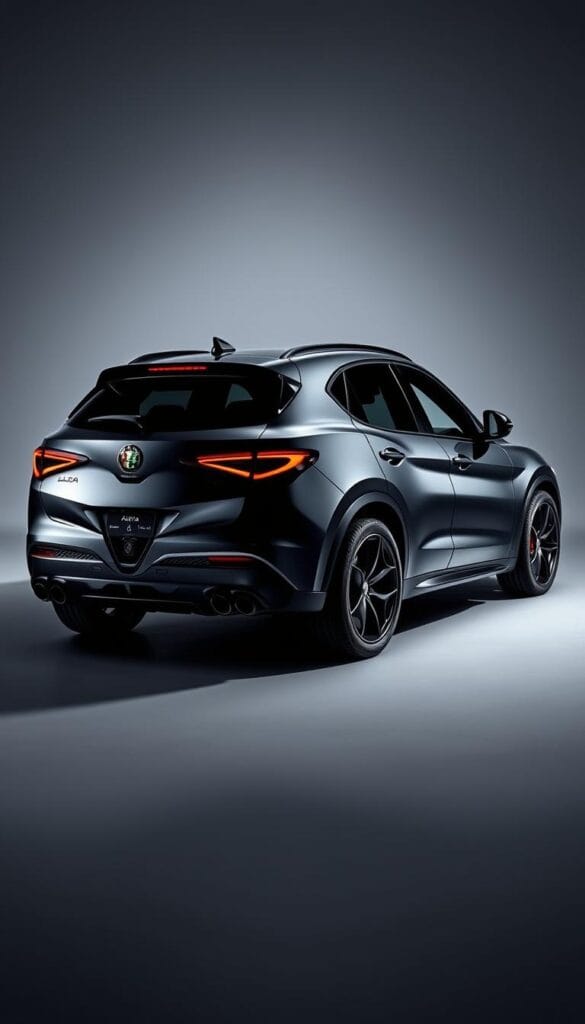 Alfa Romeo Stelvio Quadrifoglio, sleek and powerful, stands in a dynamic studio setting. The high-performance SUV is captured in a dramatic three-quarter perspective, its muscular body and sharp lines gleaming under meticulously placed lighting. The interior is visible, showcasing advanced technology features like a high-resolution digital dash, touch-sensitive controls, and driver-focused ergonomics. The overall mood is one of sophistication and technological prowess, reflecting the vehicle's exceptional capabilities and the article's focus on its advanced systems.