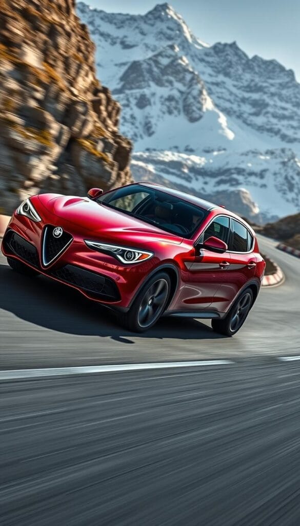 Alfa Romeo Stelvio Quadrifoglio speeding through a winding mountain road, its sleek silhouette cutting through the air with precision. Sunlight dances across the Rosso Competizione red paint, highlighting the muscular curves and aggressive front grille. The driver's hands expertly navigate the steering wheel, navigating tight curves and steep inclines with confidence. In the background, snow-capped peaks rise up, framing the dynamic scene. The low, wide stance and large alloy wheels convey the Stelvio's exceptional handling and driving dynamics, ready to tackle the most demanding roads with ease.
