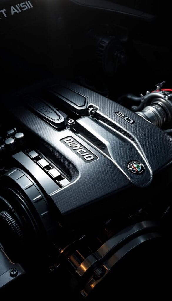 Alfa Romeo Stelvio Quadrifoglio's powerful 2.9L twin-turbo V6 engine, gleaming under a soft spotlight. The intricate mechanics and engineering are on full display, with every valve, camshaft, and turbine meticulously detailed. The engine block is finished in a lustrous carbon fiber, complemented by brushed aluminum accents. The lighting casts dramatic shadows, highlighting the engine's sculpted form and conveying a sense of raw, uncompromising performance. The background is subtly blurred, keeping the focus solely on the engineering excellence of this high-performance powerplant.