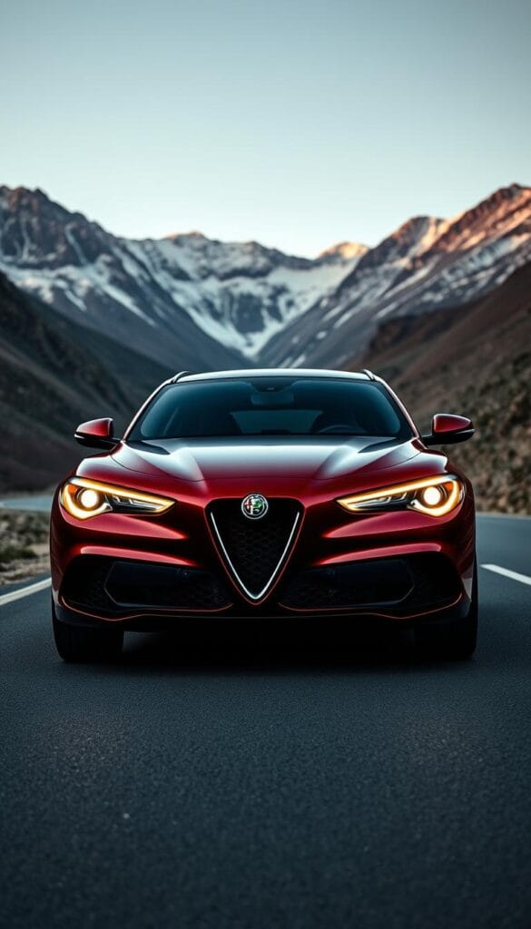 An Alfa Romeo Stelvio Quadrifoglio sports car, parked on a winding road in the mountains, with a dramatic, cinematic lighting setup that highlights the vehicle's sleek, aerodynamic silhouette. The car's front grille, badges, and brake calipers emit an intense, fiery glow, symbolizing its advanced performance technology. The background features rugged, snow-capped peaks, creating a sense of power and grandeur. The image is captured from a low angle, emphasizing the car's muscular presence and evoking a sense of speed and athleticism.