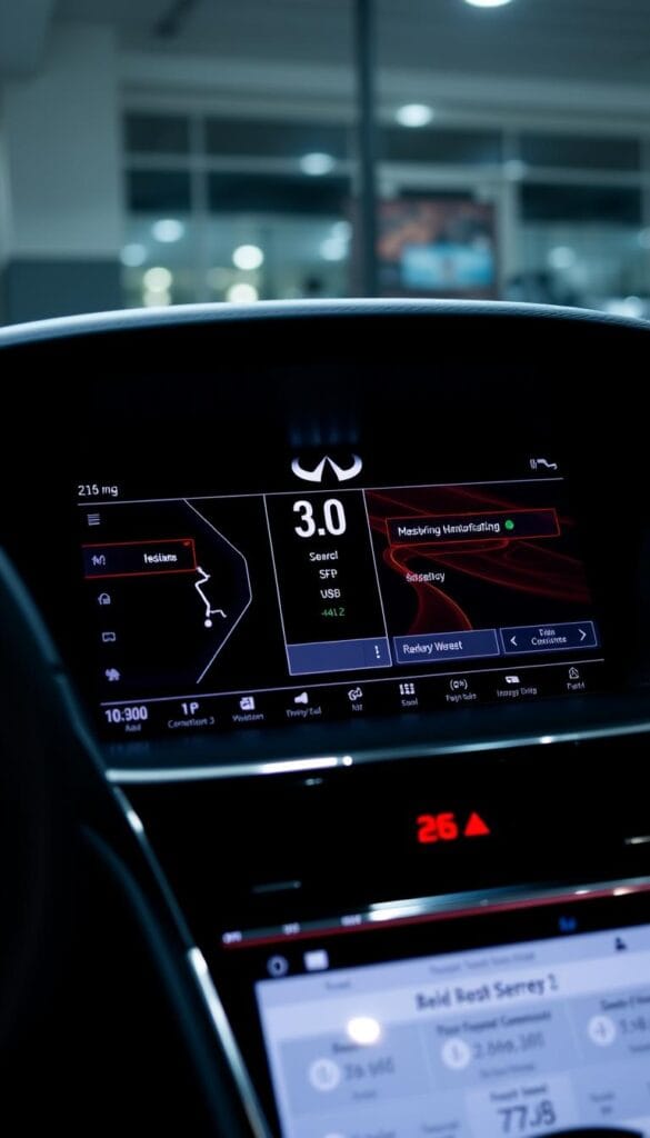 An Infiniti Q50 Red Sport dashboard display with a high-resolution, responsive technology interface. The screen is sharp and vibrant, showcasing the car's advanced connectivity and performance monitoring features. The lighting is bright yet balanced, creating a sleek, modern aesthetic. The interface design is minimalist and intuitive, with clean lines and responsive touch controls. The overall atmosphere conveys a sense of power, precision, and technological sophistication. IsCarOk
