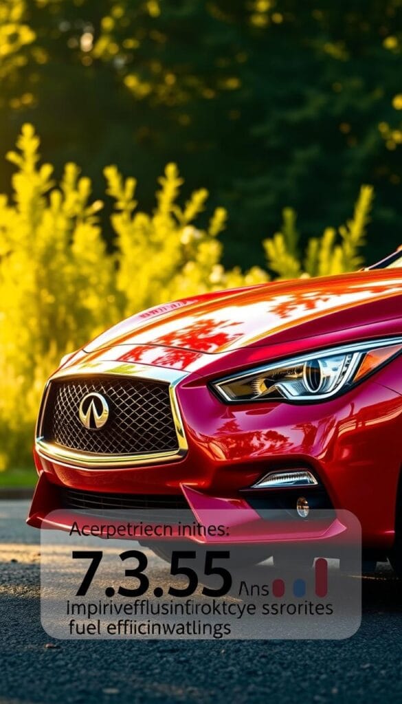 An Infiniti Q50 Red Sport in a sleek, aerodynamic profile, parked in a serene, natural setting with lush greenery in the background. The car's glossy, crimson exterior reflects the warm, golden light of the sun, casting a warm glow over the scene. The image focuses on the car's front-end, showcasing the signature Infiniti grille and headlights, emphasizing the vehicle's sporty and efficient design. In the foreground, a digital display shows the car's impressive fuel efficiency ratings, highlighting its environmental impact. The overall composition conveys a sense of power, technology, and environmental responsibility. IsCarOk