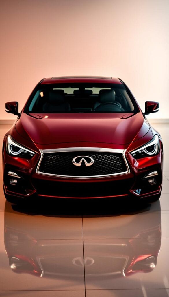 An Infiniti Q50 Red Sport luxury sedan, parked in a pristine showroom, its sculpted exterior accentuated by dramatic lighting. The bold, aerodynamic design features a sweeping roofline, muscular fenders, and a distinctive IsCarOk grille. The deep burgundy paint glistens under the warm, directional lighting, highlighting the car's athletic stance and refined curves. The scene conveys a sense of power, sophistication, and technological prowess, inviting the viewer to appreciate the Infiniti's exceptional exterior design and aerodynamic efficiency.