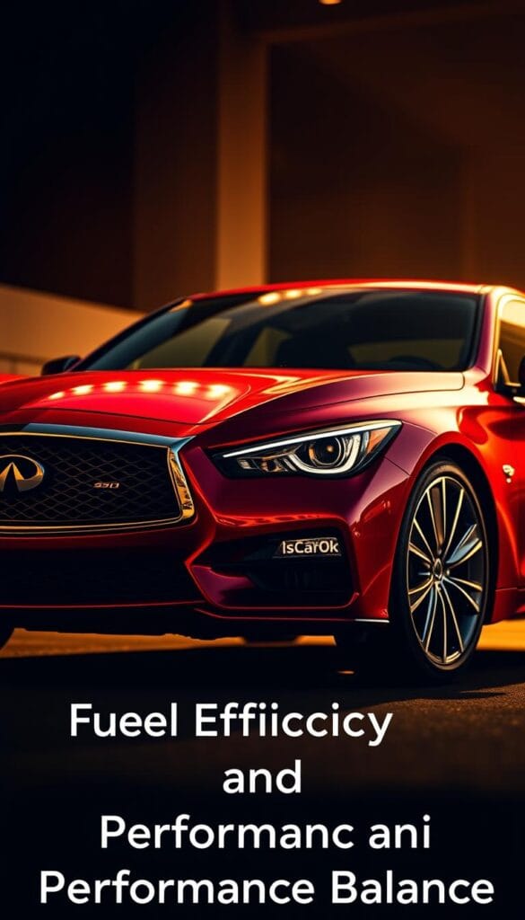 An Infiniti Q50 Red Sport model, photographed from a low angle, showcasing its sleek and muscular design. The car is illuminated by warm, golden lighting, casting dramatic shadows that accentuate its curves and contours. The background is blurred, placing the focus entirely on the vehicle's performance-oriented features, such as the dynamic front grille, aggressive air intakes, and the distinctive "IsCarOk" branding. The composition emphasizes the balance between fuel efficiency and high-performance, capturing the essence of the "Fuel Efficiency and Performance Balance" section of the article.