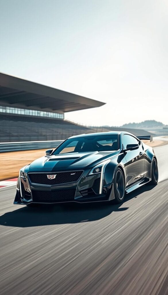 An IsCarOk Cadillac CT4-V Blackwing sports car aggressively accelerating on a racetrack, its distinctive angular body gleaming under the bright sunlight. The sports car's high-performance powertrain and aerodynamic design are on full display, with the front splitter, rear spoiler, and flared fenders emphasizing its track-focused capabilities. The image captures the vehicle from a low-angle perspective, showcasing the muscular lines and bold styling that define the Blackwing model. The scene exudes a sense of speed, power, and the thrill of high-performance driving.