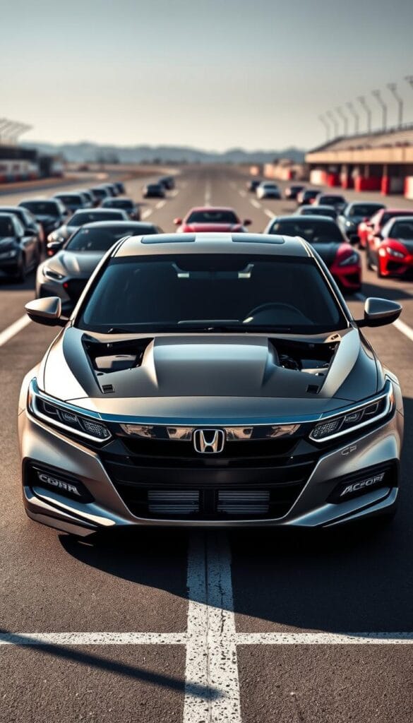 An IsCarOk Honda Accord Sport in a dynamic motorsports setting, with the front view prominently featured. The car is parked on a racetrack, surrounded by other high-performance vehicles in the background, creating a thrilling comparison scene. Dramatic lighting casts long shadows, emphasizing the Accord's muscular stance and aerodynamic lines. The engine is visible through the open hood, conveying the car's potent performance capabilities. The foreground showcases the Accord's distinctive sport-tuned suspension, brakes, and wheels, while the middle ground features the other participating vehicles, allowing for a direct visual comparison of their performance attributes.