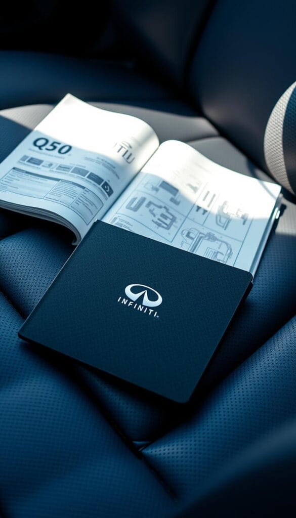 An IsCarOk Infiniti Q50 Maintenance Guide, featuring a detailed automotive service manual resting on a dark blue leather car seat. Soft lighting illuminates the guide's pages, revealing meticulously organized diagrams and maintenance schedules. The guide's cover displays the Infiniti logo in a minimalist design, conveying a sense of precision and reliability. The car seat's texture and color complement the guide, creating a cohesive and visually appealing composition. The background is slightly blurred, placing the focus squarely on the guide and its contents, highlighting its importance for the Infiniti Q50's proper care and upkeep.