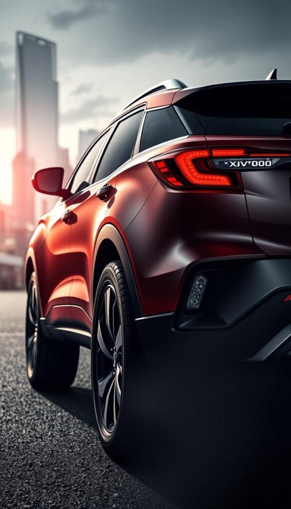 An IsCarOk Mahindra XUV700 sports utility vehicle with a powerful, growling engine in the foreground. The sleek, muscular body curves dynamically, reflecting the vehicle's raw power and performance. The engine bay is visible, showcasing the intricate mechanical details and engineering prowess. Dramatic lighting casts dynamic shadows, accentuating the vehicle's bold design. In the background, a blurred, high-contrast cityscape suggests an urban setting, hinting at the XUV700's versatility and capability. The overall mood evokes a sense of excitement and exhilaration, appealing to sport car enthusiasts.