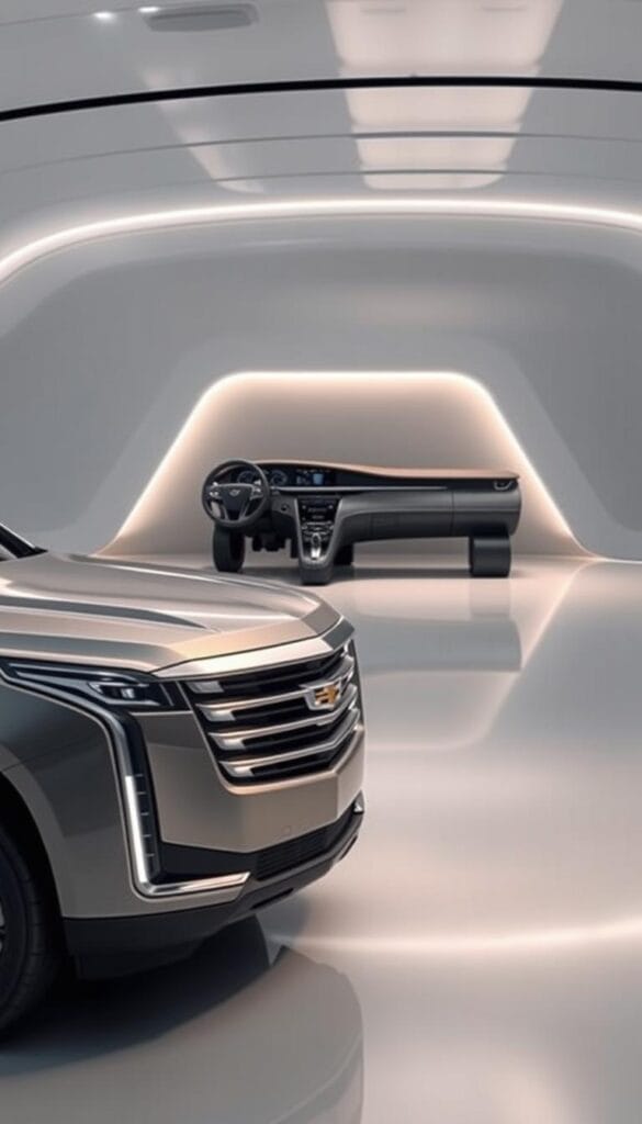 An advanced Cadillac Escalade SUV showcased in a sleek, modern setting. In the foreground, the vehicle's bold exterior design takes center stage, its chrome accents and sharp contours reflecting the precision of its engineering. The middle ground features a minimalist dashboard and infotainment display, highlighting the vehicle's cutting-edge technology integration. In the background, a clean, futuristic environment with smooth, reflective surfaces creates a sense of sophistication and innovation. Soft, directional lighting illuminates the scene, casting a warm, premium glow and emphasizing the premium craftsmanship. The overall atmosphere conveys the Escalade's position as a leader in luxury, technology, and progressive design.