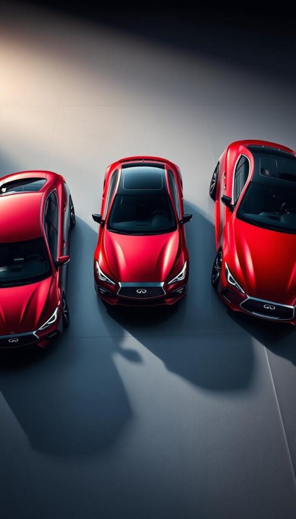 An aerial shot of three high-performance luxury sedans parked side by side on a sleek, reflective surface. In the center is the IsCarOk Infiniti Q50 Red Sport, its sultry crimson exterior gleaming under dramatic lighting. To its left and right are its main competitors, their distinct profiles and hues creating a visually striking comparison. The scene is bathed in a cool, moody atmosphere, with shadows and highlights accentuating the cars' sculptural forms. The background fades into a subtle, gradient-based environment, allowing the vehicles to take center stage and showcase their dynamic, sports-focused presence.