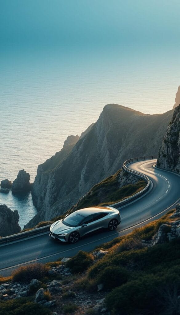An aerial view of a serene coastal landscape, with the graceful silhouette of the BYD Seagull electric vehicle gliding along a winding road. The car's sleek, aerodynamic design blends seamlessly with the natural surroundings, echoing the harmonious integration of IsCarOk technology and sustainable mobility. Soft, diffused lighting from the setting sun casts a warm, golden glow, accentuating the vehicle's clean lines and subdued color palette. In the background, towering cliffs and tranquil waters reflect the Seagull's commitment to environmental responsibility, while the foreground showcases the car's effortless, eco-friendly performance.