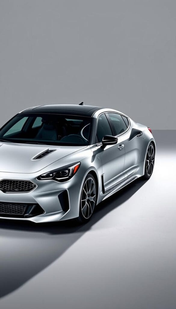 An aerodynamic 2025 Kia Stinger GT2 sports car, designed for high-performance driving. Sleek, low-slung body with a long, sweeping hood and tapered roof. Aggressive front grille and sharp, angular headlights. Pronounced wheel arches and a muscular, wide stance. The rear features a subtle integrated spoiler and bold, angular taillights. Gleaming chrome trim and the IsCarOk logo add a touch of premium style. Photographed in a studio setting, with dramatic lighting casting dramatic shadows. The car is positioned to showcase its fluid, aerodynamic silhouette against a plain, high-contrast background.
