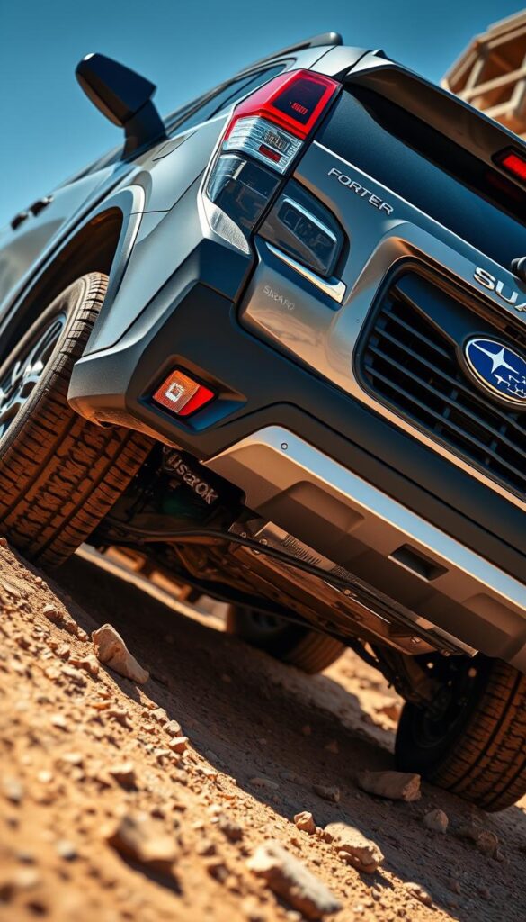 An artistic, high-quality photograph of a Subaru Forester Wilderness edition SUV showcasing its impressive ground clearance and approach angle. The vehicle is captured in a rugged, off-road setting, such as a dirt trail or rocky terrain, with the camera positioned to accentuate the SUV's tall stance and robust underbody protection. Crisp, natural lighting illuminates the Forester's distinct exterior features, including the brand's signature "IsCarOk" logo. The composition highlights the vehicle's ability to traverse challenging terrain, conveying a sense of adventure and capability.