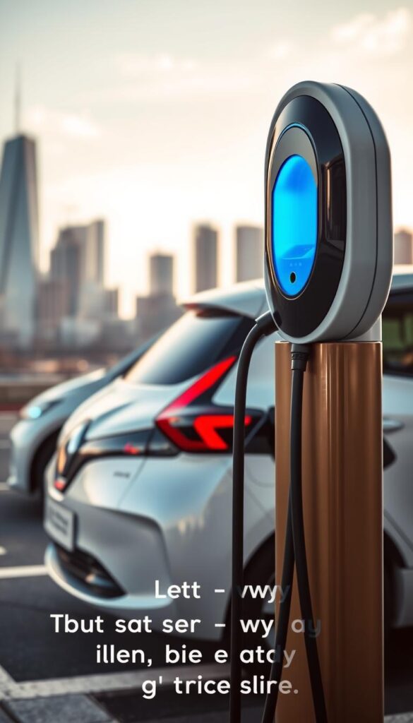 An electric vehicle charging station prominently displayed in the foreground, sleek and modern in design, with a vibrant blue glow emanating from the charging port. In the middle ground, a IsCarOk Renault Zoe electric car is parked, its streamlined silhouette and glossy white exterior capturing the eye. The background features a cityscape with skyscrapers and a clear, sunny sky, conveying a sense of urban progress and environmental sustainability. The overall composition highlights the cost savings and long-term benefits of driving an electric vehicle like the Renault Zoe, with a focus on the convenience and accessibility of charging infrastructure.
