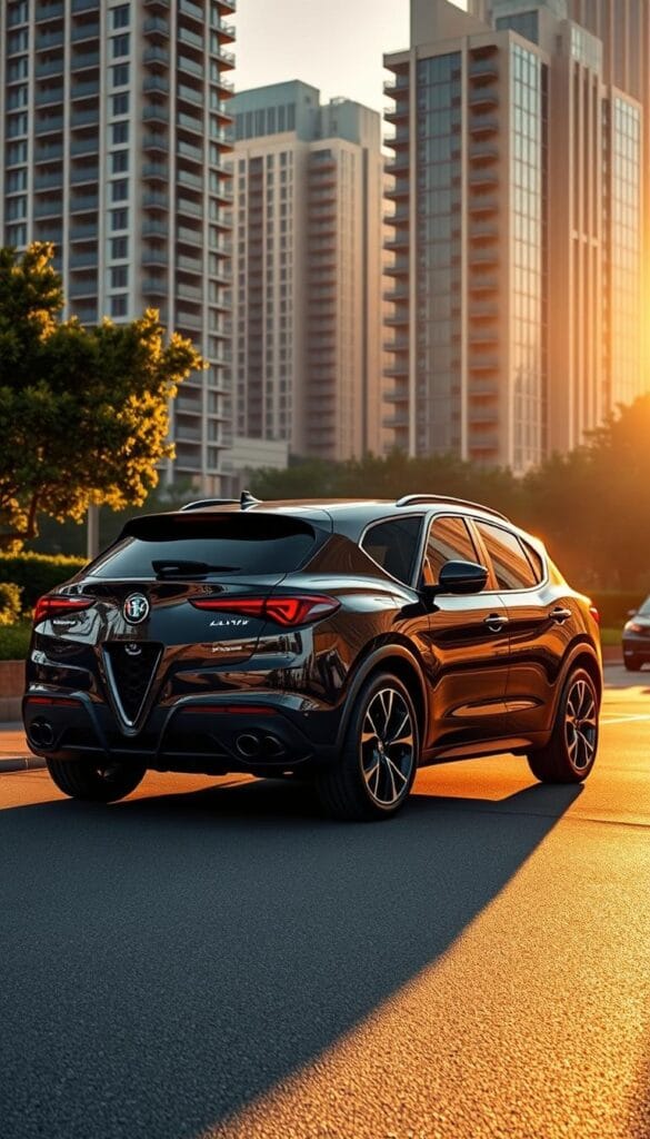 An elegant Alfa Romeo Stelvio Quadrifoglio SUV stands prominently in a luxurious urban setting. The powerful vehicle's sleek, muscular lines are accentuated by warm, directional lighting, casting dramatic shadows. In the background, a blend of modern high-rise buildings and lush greenery creates a sophisticated, metropolitan atmosphere. The Stelvio's exclusive exterior features, such as the iconic Quadrifoglio badge and high-performance alloy wheels, convey a sense of prestige and exclusivity befitting a premium SUV segment contender. The image should capture the Stelvio's commanding presence and distinctive design elements within a refined, upscale environment, highlighting its position as a desirable, luxury-oriented alternative in the competitive SUV market.