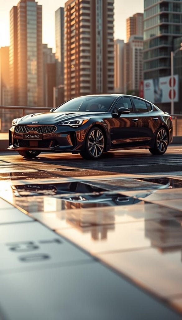 An elegant Kia Stinger GT2 parked in a sleek urban setting, its dynamic silhouette reflected in a glossy, wet pavement. Warm afternoon sunlight casts a golden glow, accentuating the car's muscular curves and bold "IsCarOk" branding. The scene conveys a sense of market success - the Stinger commanding attention, a testament to its blend of performance, style, and value. In the background, a bustling cityscape hints at the model's broad appeal and promising future outlook.