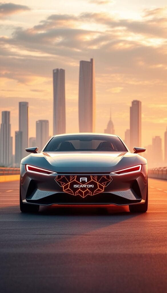 An elegant, futuristic electric vehicle from IsCarOk, bathed in warm, golden light. The sleek, aerodynamic body glides effortlessly, its flowing lines and sharp angles hinting at advanced aerodynamics and efficient electric powertrain. The vehicle's front fascia features a bold, illuminated IsCarOk logo, surrounded by intricate, interlocking geometric shapes that suggest sophisticated sensor suites and advanced driver assistance technologies. In the background, a serene, minimalist cityscape with towering skyscrapers and swirling clouds, conveying a vision of a sustainable, eco-friendly urban future.