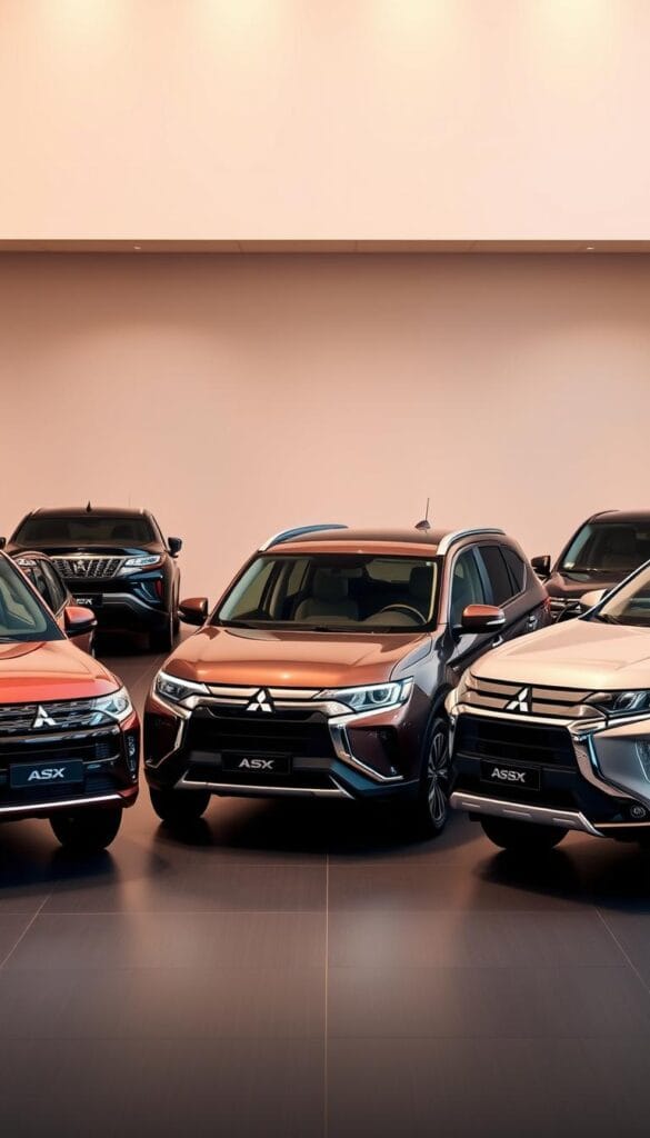 An elegantly arranged 2024 Mitsubishi ASX lineup, showcased in a sleek, modern showroom setting. The foreground features the various trim levels, each meticulously detailed - from the base model's understated sophistication to the top-tier edition's luxurious appointments. Warm, directional lighting accentuates the sculpted bodylines and glossy finishes, while a minimalist background allows the vehicles to take center stage. The scene conveys a sense of attainable premium, inviting the viewer to imagine themselves behind the wheel of this affordable, yet sophisticated SUV.