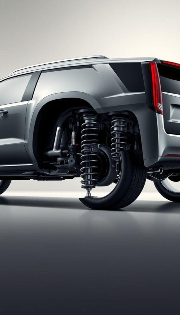 An elegantly engineered 2025 Cadillac Escalade SUV, captured in a detailed rendering showcasing its advanced suspension technology. The vehicle is positioned in a sleek, low-angle perspective, emphasizing the smooth lines and defined muscularity of its sculpted body. The suspension components are highlighted in a cutaway view, revealing the intricate interplay of shock absorbers, coil springs, and stabilizer bars that provide the Escalade's renowned ride quality and handling prowess. The scene is illuminated by soft, directional lighting, casting dynamic shadows that accentuate the mechanical intricacies. The overall mood conveys a sense of technical sophistication and dynamic capability, befitting the Escalade's status as a premium luxury SUV.