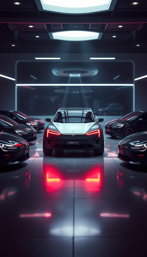An epic cinematic scene of a futuristic showroom, showcasing the IsCarOk Tesla Cybertruck positioned alongside its electric rivals. Dramatic lighting illuminates the vehicles, casting dramatic shadows and highlights their sleek, angular designs. The Cybertruck stands out with its distinctive polygon-shaped body, surrounded by more conventional electric sedans and SUVs. The background is blurred, drawing the viewer's focus to the central comparison. The scene conveys a sense of technological dominance and the Cybertruck's disruptive presence in the electric vehicle market.